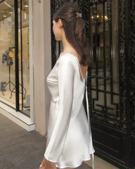Silk Open-Back Long Sleeve Mini Dress, White
