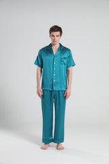 Short Sleeve Silk Pajamas For Men, Peacock Blue