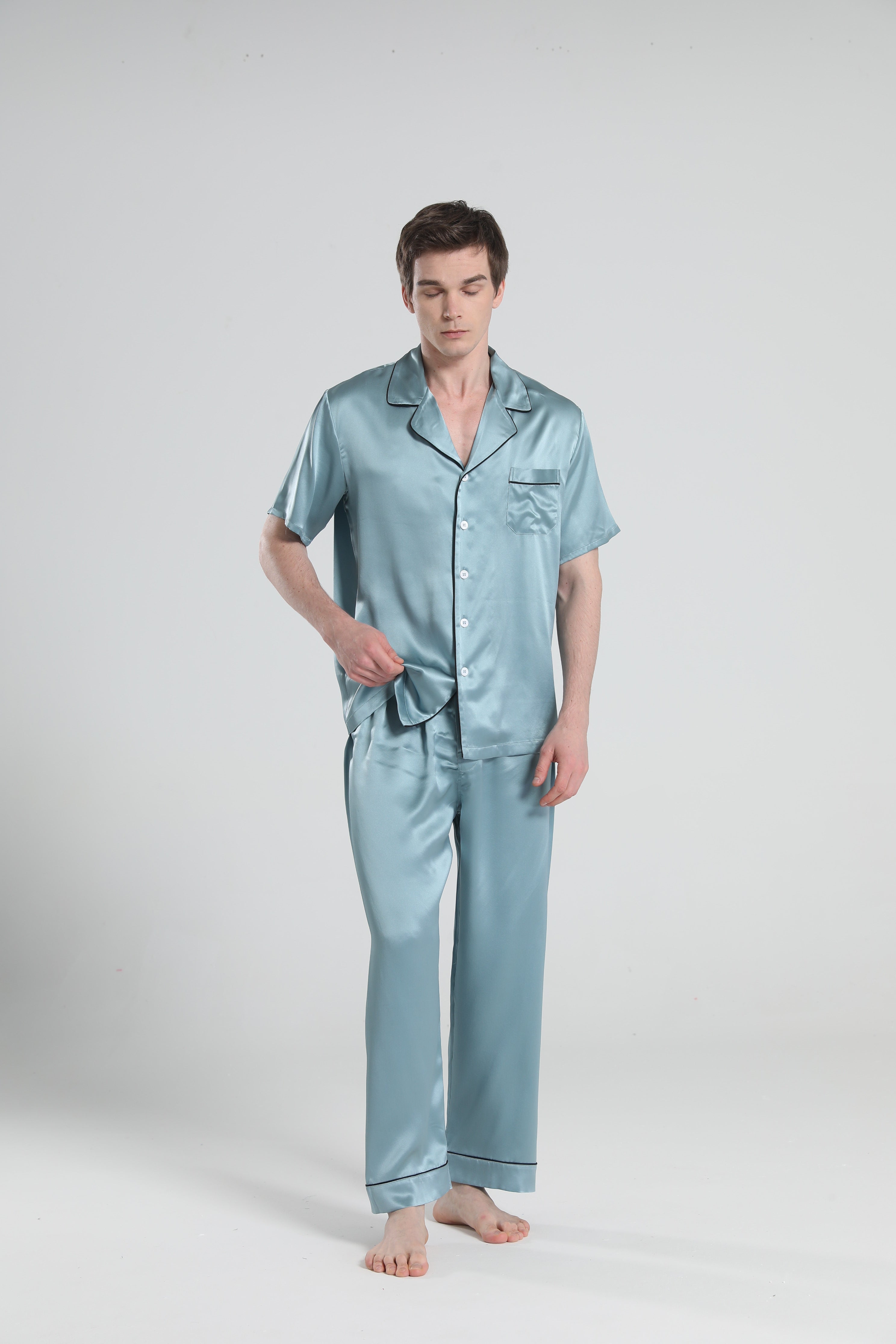Short Sleeve Silk Pajamas For Men, Haze Blue