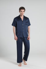 Short Sleeve Silk Pajamas For Men, Navy
