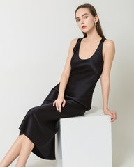 Silk Round Neck Cinched Waist Long Dress, Black