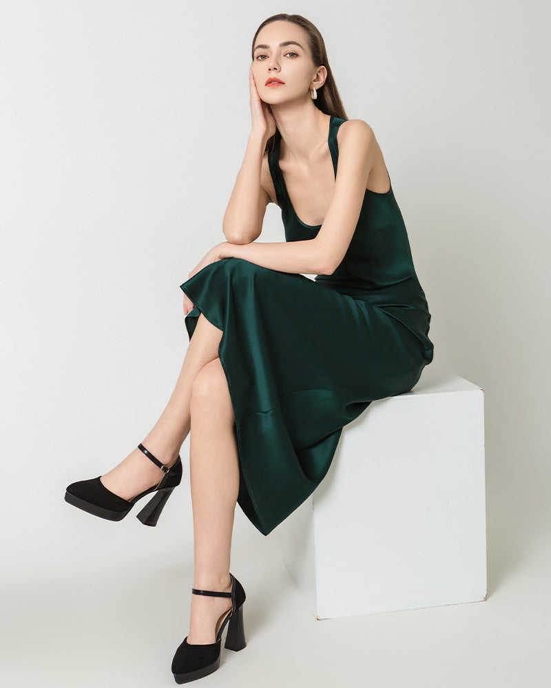 Silk Round Neck Cinched Waist Long Dress, Dark Green