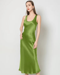 Silk Round Neck Cinched Waist Long Dress, Mustard Green