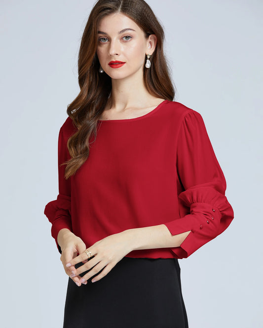 Silk Round Neck Lantern Sleeve Women Shirt