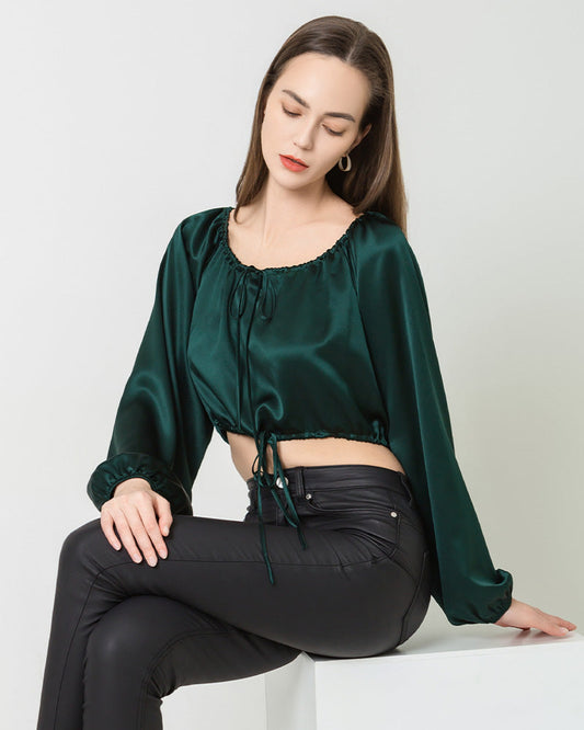 Lantern Sleeve Crop Top Silk Blouse, Dark Green