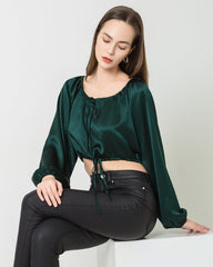 Lantern Sleeve Crop Top Silk Blouse, Dark Green