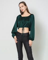 Lantern Sleeve Crop Top Silk Blouse, Dark Green