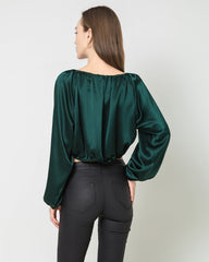 Lantern Sleeve Crop Top Silk Blouse, Dark Green
