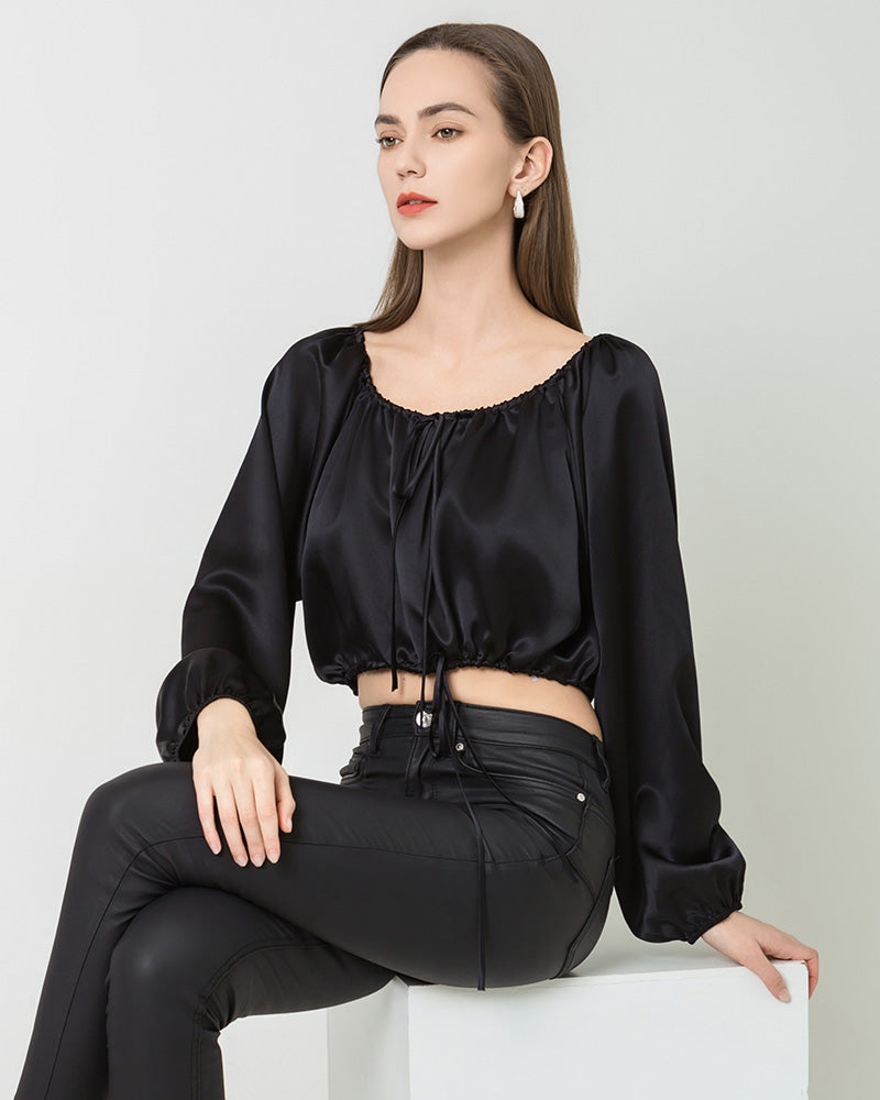 Lantern Sleeve Crop Top Silk Blouse, Black