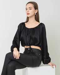 Lantern Sleeve Crop Top Silk Blouse, Black