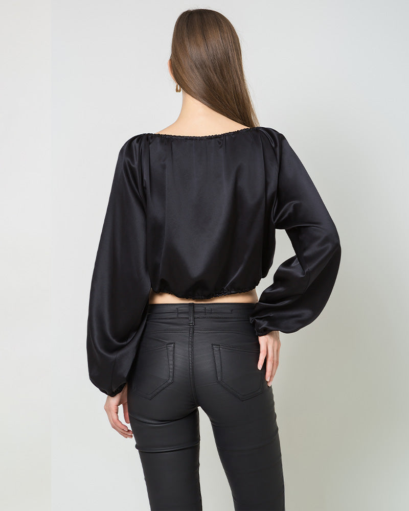 Lantern Sleeve Crop Top Silk Blouse, Black
