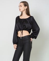 Lantern Sleeve Crop Top Silk Blouse, Black