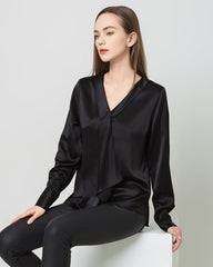 Silk V-Neck Tie Blouse, Black