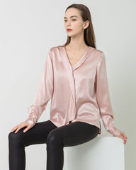 Silk V-Neck Tie Blouse, Pink