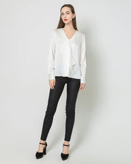 Silk V-Neck Tie Blouse, White