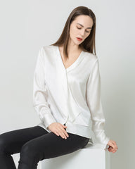 Silk V-Neck Tie Blouse, White