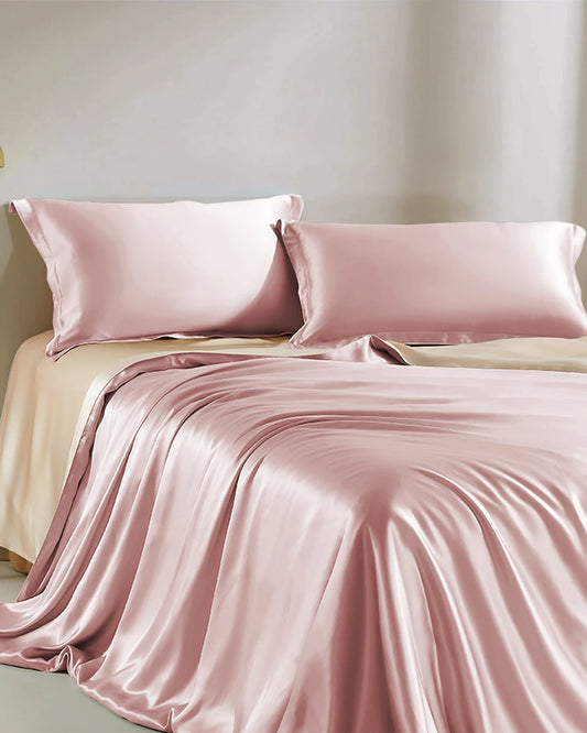 Dual Color Silk Bedding Set 4PCS, Pink and Champagne