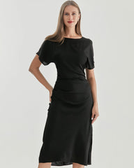 Silk Short Sleeve Pleated Dress, Black