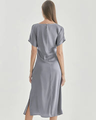Silk Short Sleeve Pleated Dress, Grey