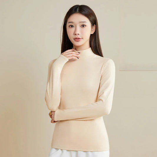 Silk Thermal Mock-Neck Top, Beige