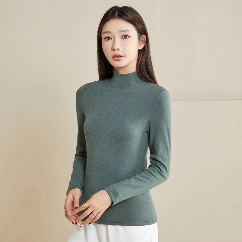 Silk Thermal Mock-Neck Top, Green