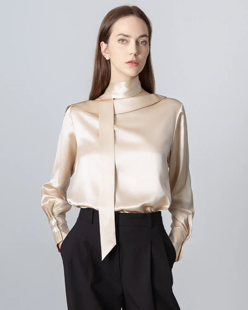 Silk Tie Neck Blouse, Champagne