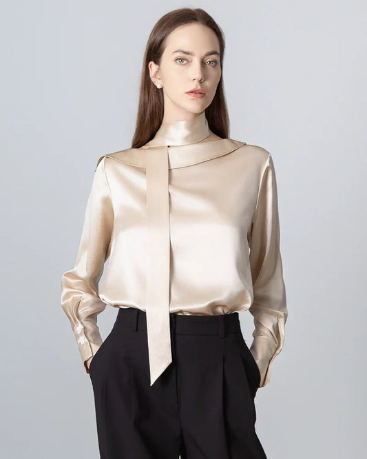 Silk Tie Neck Blouse, Champagne