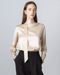Silk Tie Neck Blouse, Champagne