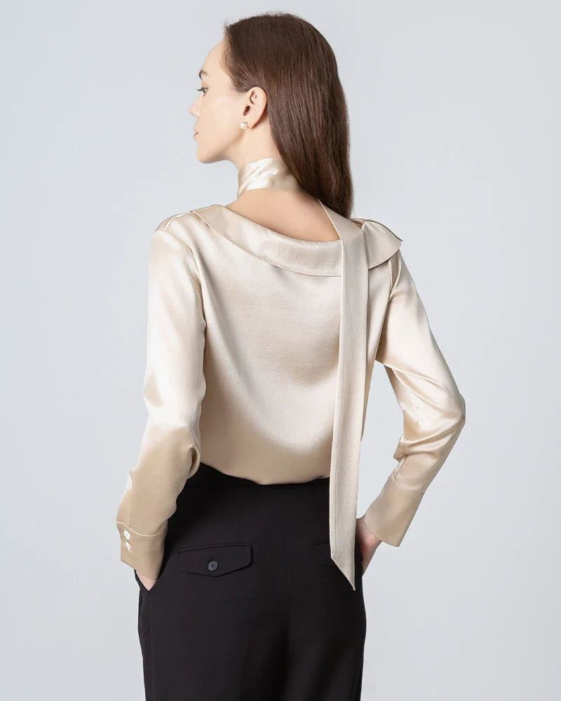 Silk Tie Neck Blouse, Champagne