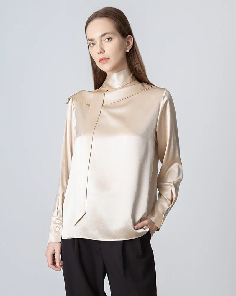 Silk Tie Neck Blouse, Champagne