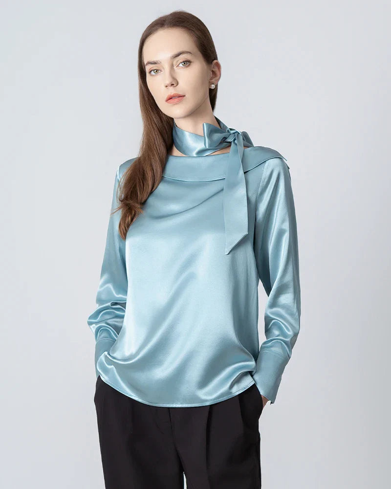 Silk Tie Neck Blouse, Blue