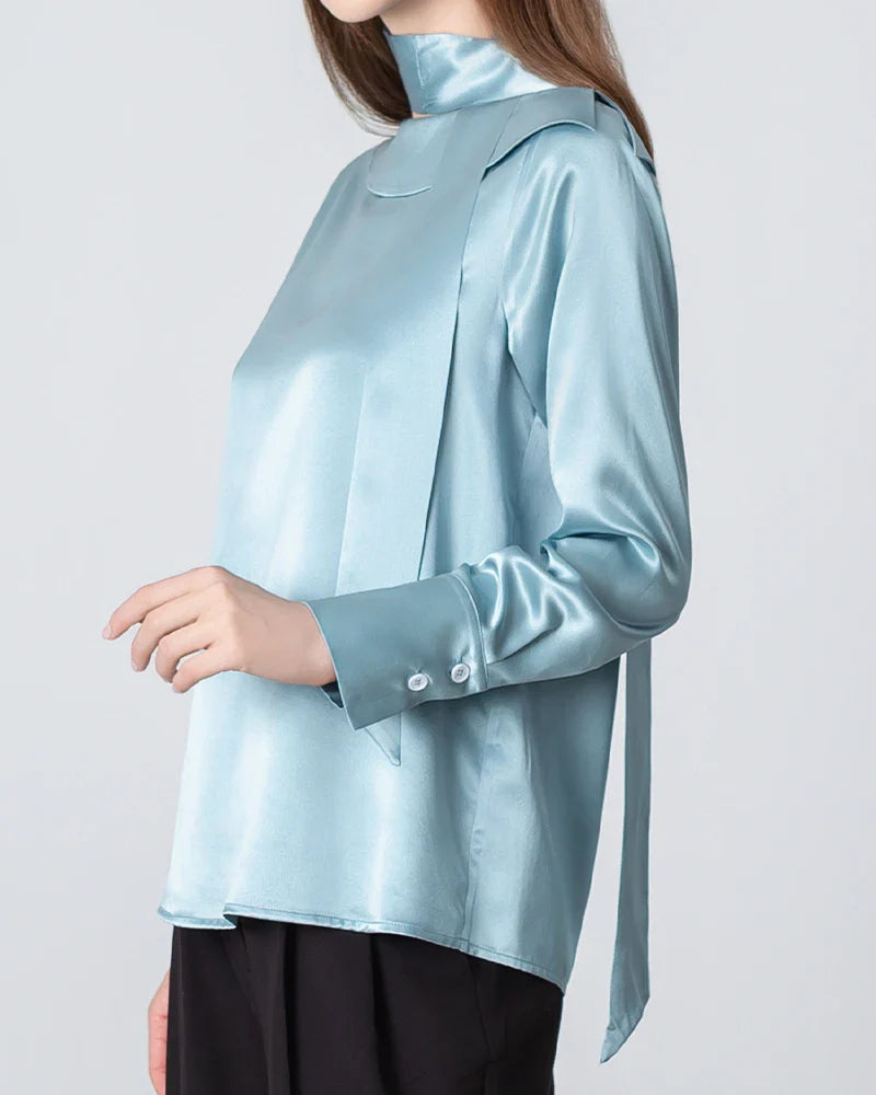 Silk Tie Neck Blouse, Blue