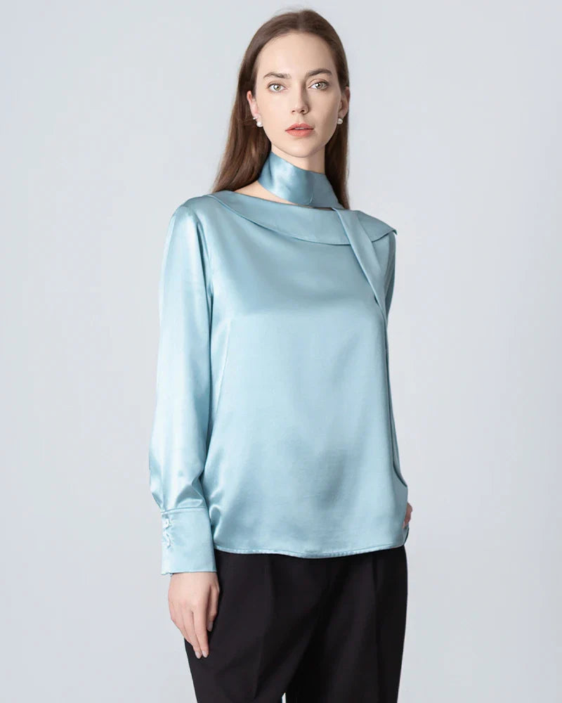 Silk Tie Neck Blouse, Blue