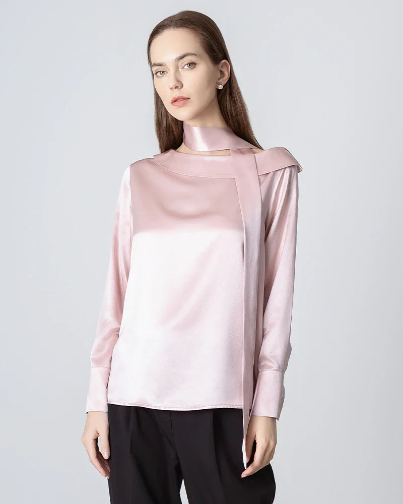 Silk Tie Neck Blouse, Pink