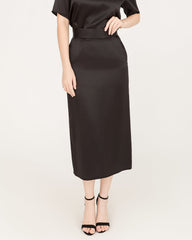 V-Neck Silk Blouse and Silk Midi Skirt Set