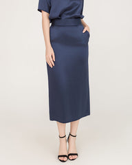 V-Neck Silk Blouse and Silk Midi Skirt Set