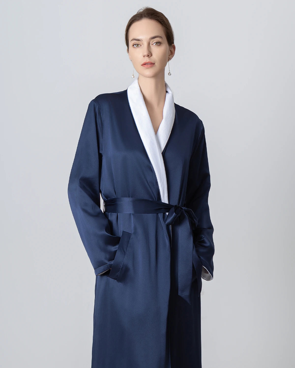 Silk and Velvet Reversible Robe for Winter Navy