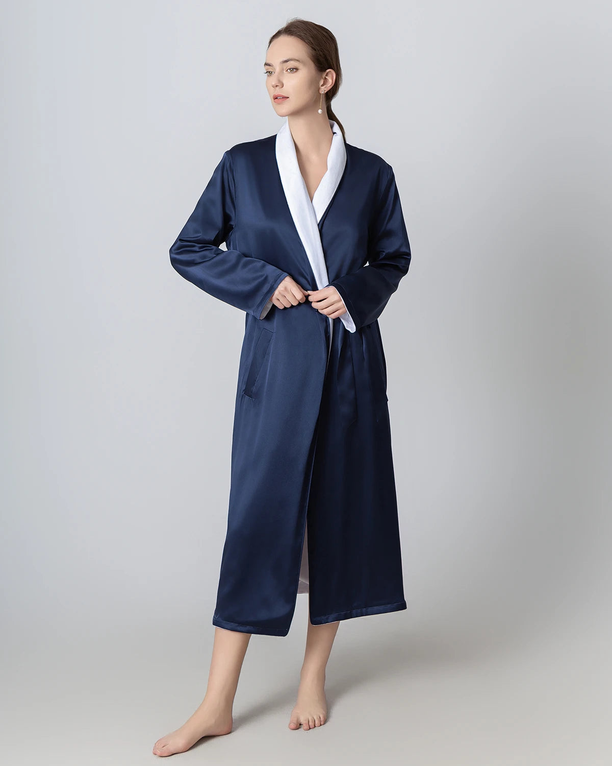 Silk and Velvet Reversible Robe for Winter Navy