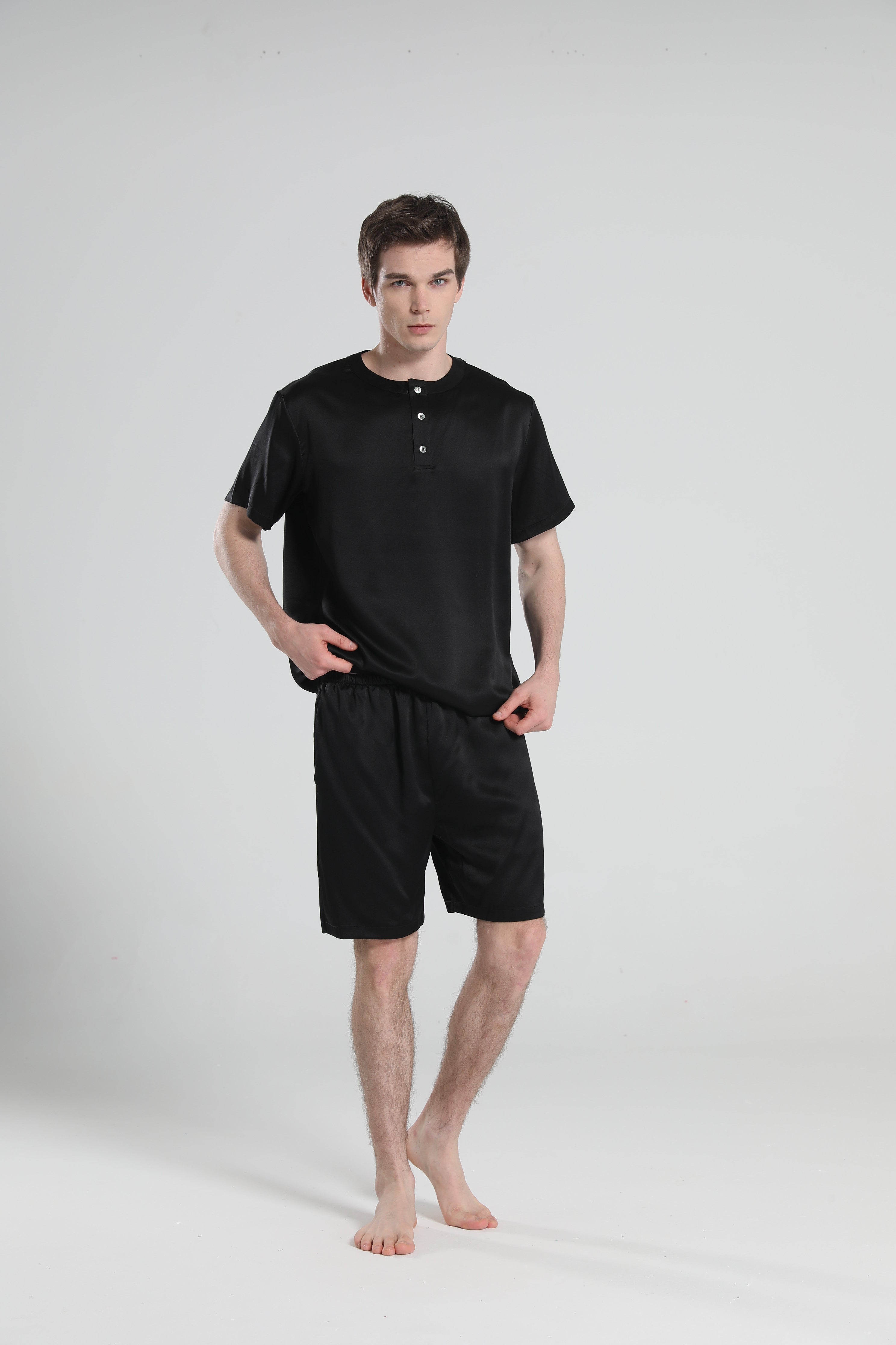 Simple Crew Neck Short Pajamas Set for men, Black