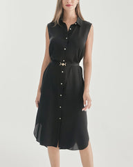 Belted Shirt Dress Sleeveless Silk Dress, Black
