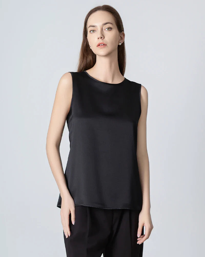 Sleeveless Lace-up Silk Blouse, Black