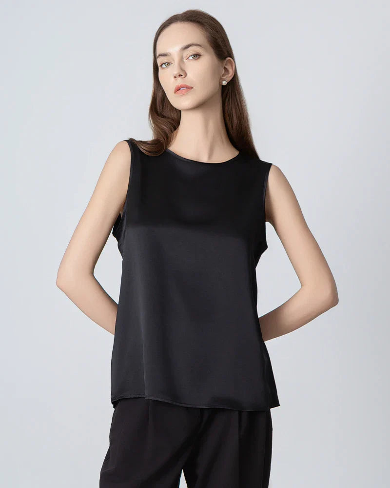 Sleeveless Lace-up Silk Blouse, Black