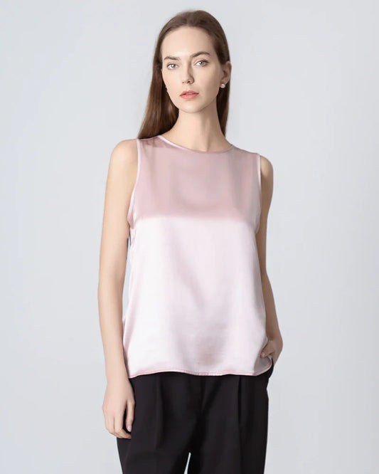 Sleeveless Lace-up Silk Blouse, Pink