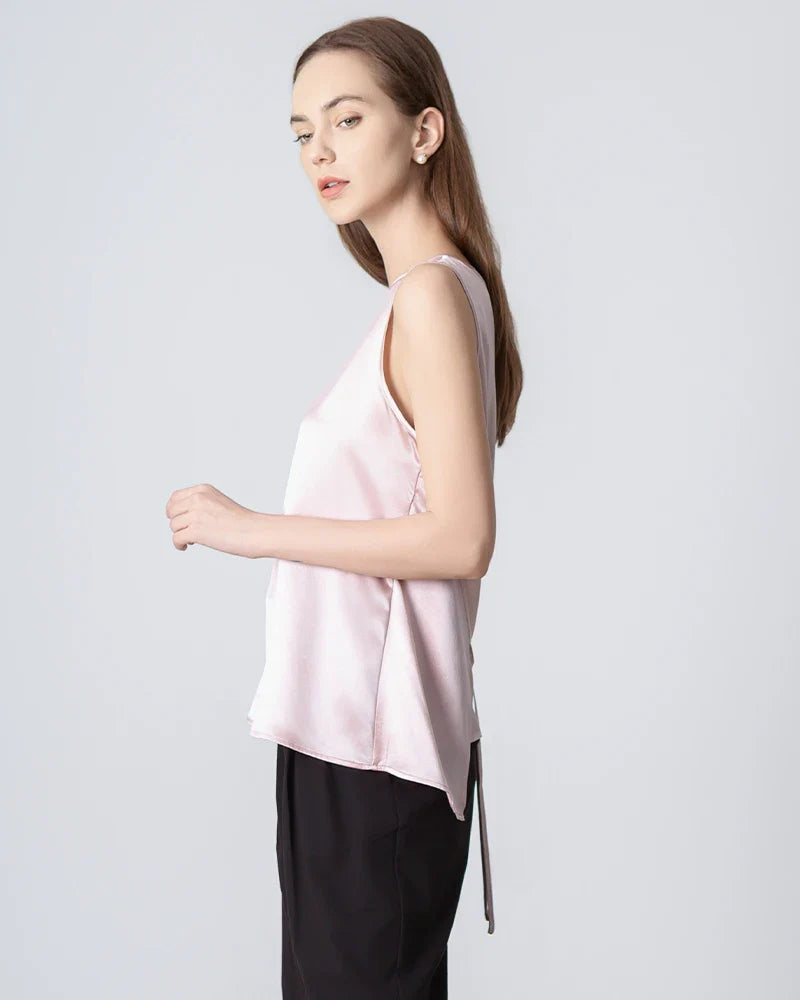 Sleeveless Lace-up Silk Blouse, Pink