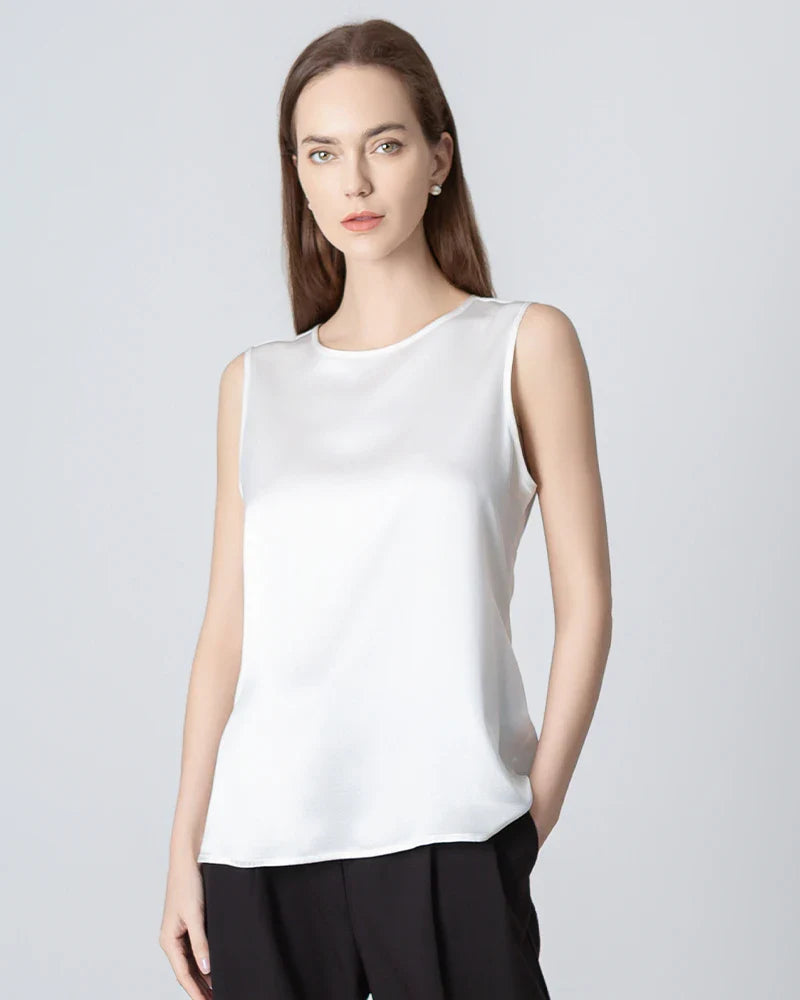 Sleeveless Lace-up Silk Blouse, White