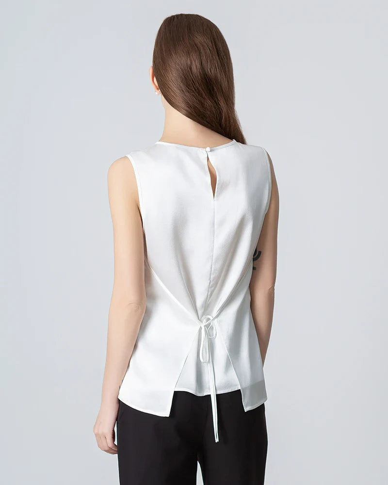 Sleeveless Lace-up Silk Blouse, White