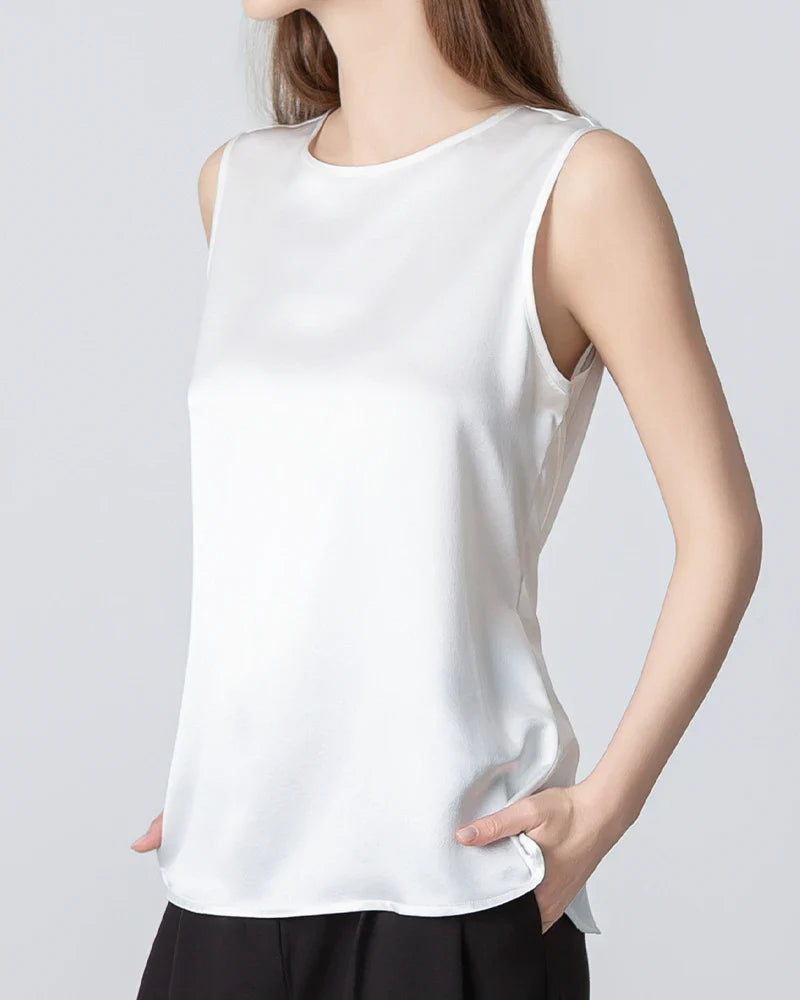 Sleeveless Lace-up Silk Blouse, White