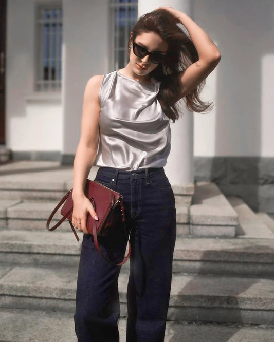 Sleeveless Silk Blouse Cowl Collar Tops for Women