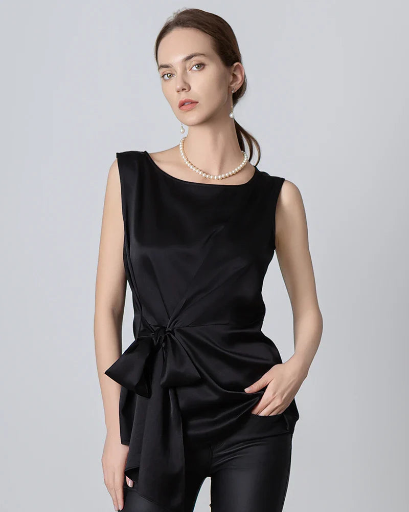 Sleeveless Wrap Silk Top, Black