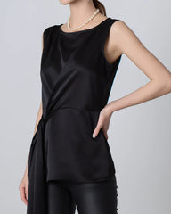 Sleeveless Wrap Silk Top, Black